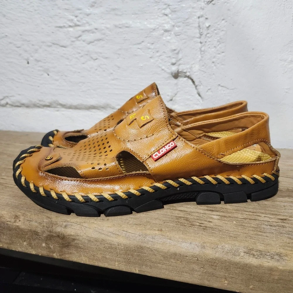CLOHCO Mens Leather Fisherman Sandals 9917 280 Tan Brown Slip On Loafers Size 10